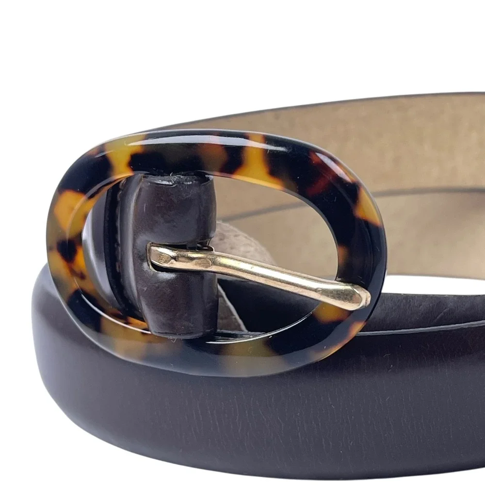 INC Womens Tortoise Shell Oval Buckle Dark Brown Leather Belt Sz M Retro Classic